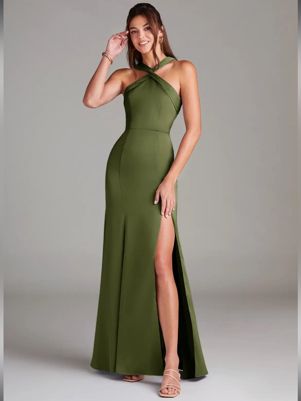 Azazie Olive Green Halter Bridesmaids Dress / Evening Gown